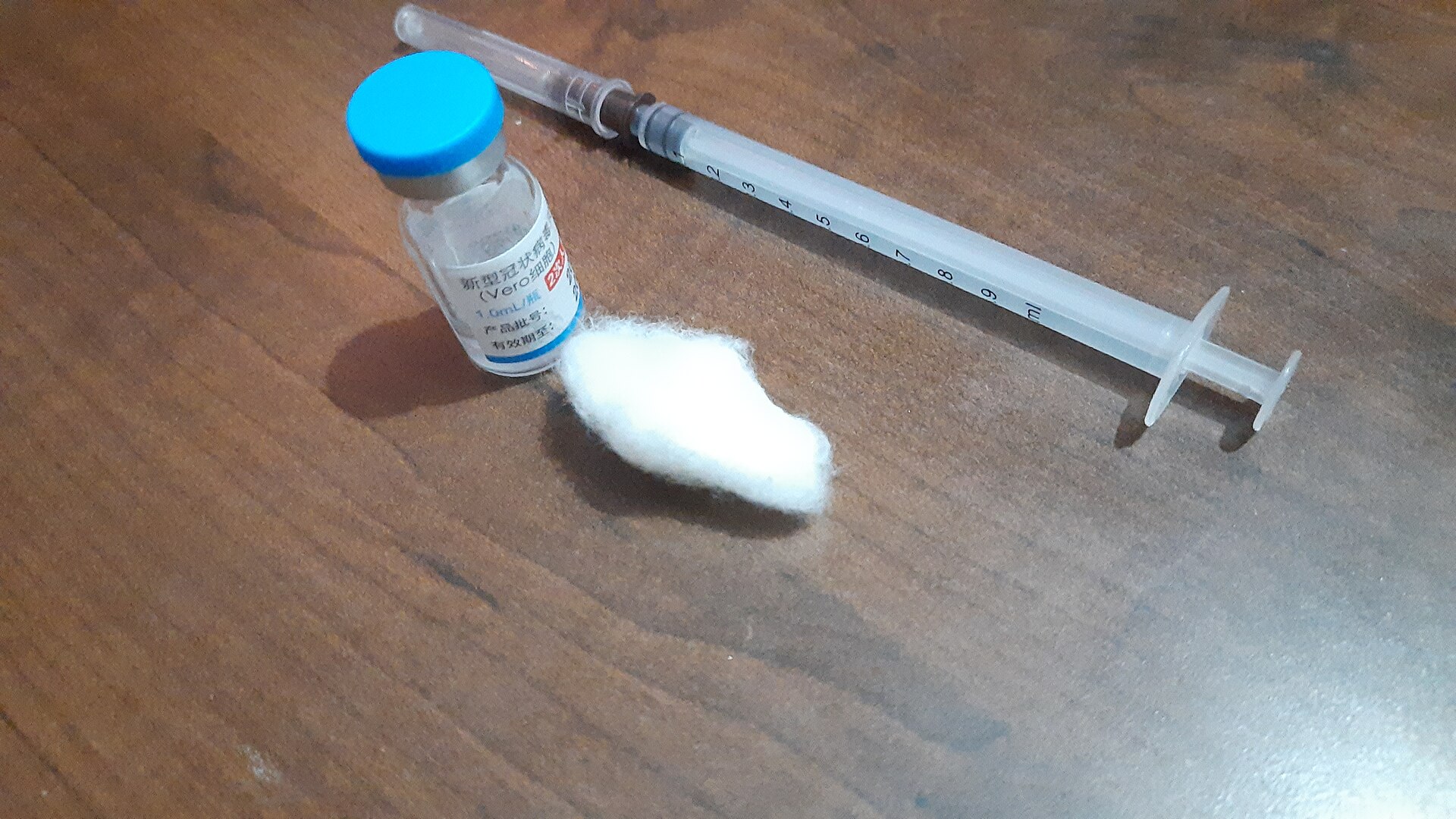 Vial de vacuna, jeringa y algodón sobre una mesa
